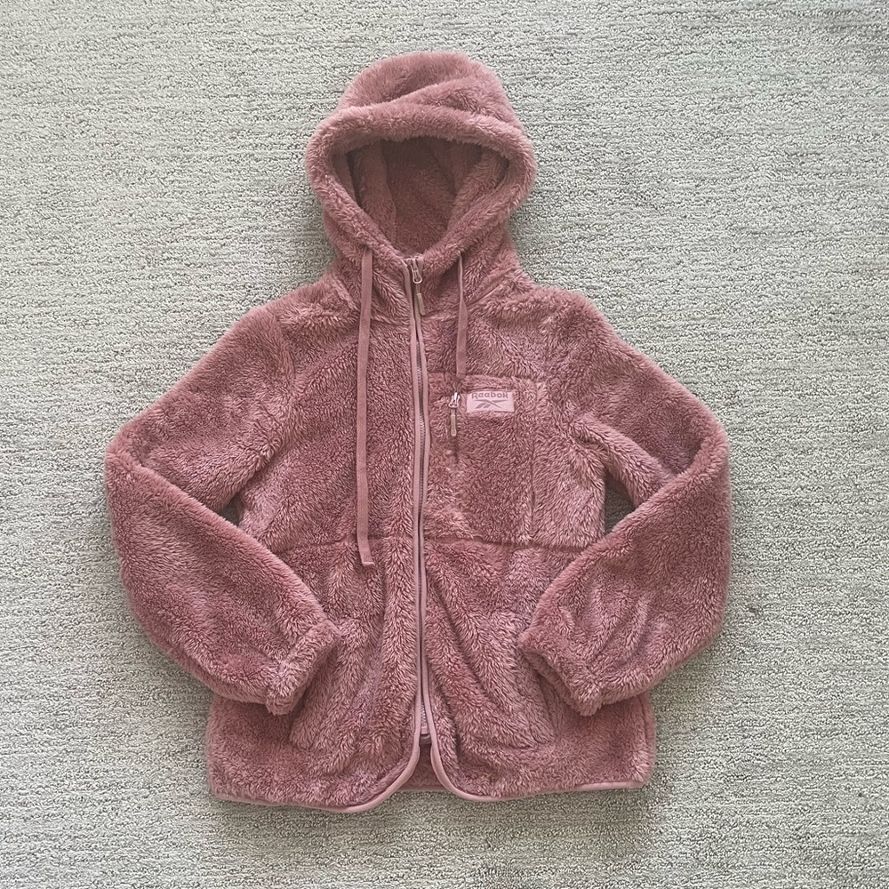 Reebok Women’s Pink Mauve Fluffy Jacket Coat Teddy Winter Coquette Casual Preppy